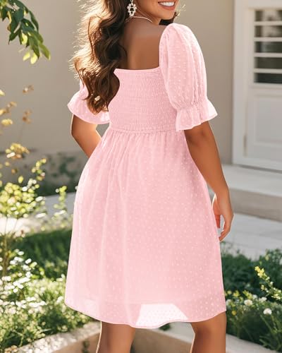Women's Puff Sleeve Square Neck Mini Summer Sundress Chiffon Swiss Dot Flowy Smocked Dress2