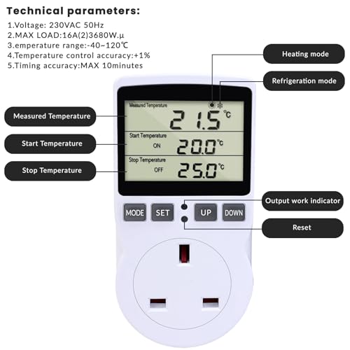 Digital Temperature Controller Plug Thermostat Outlet Socket with 1.7m Sensor 230V 16A Heating Cooling Timer Thermostat Plug, Digital Thermostat UK Socket for Greenhouse Freezer Fermentation