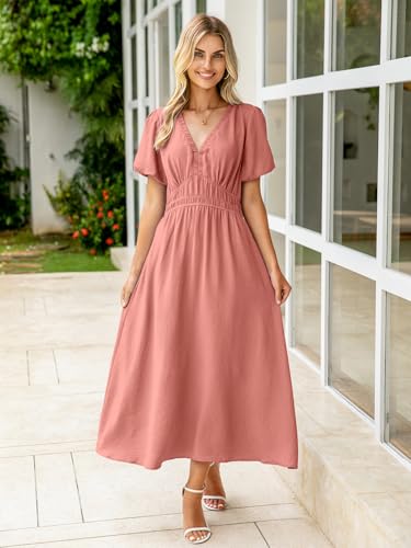 Image of Simplee Women's Summer Flowy Midi Dress Casual V Neck Short Sleeve Empire Waist Boho Beach Dress Wedding Guest Maxi Dress