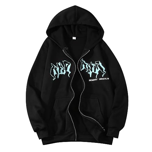Chaqueta de invierno 2026 con capucha y cremallera, sudadera de hip hop, con estampado gótico, chaqueta con capucha, moda urbana, unisex, con cordón, sudadera con capucha de los años 90 E Girl, Negro