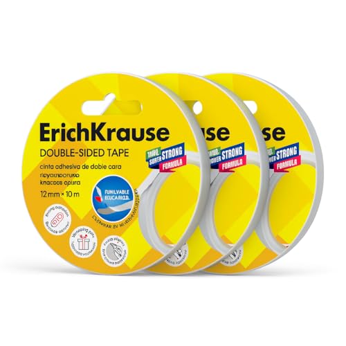 Erich Krause Cinta Adhesiva de Doble Cara, Fuerte Fijación, Adecuado Para Regalos, Fotos, Pósters y Manualidades, Base de Papel, 12mm x 10m, Pack de 3 Rollos