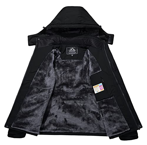 KEFITEVD Skijacke Damen Atmungsaktiv Winddicht Verdickt Fleecejacke Herbst Winter Jacke Winterparka mit Reißverschlusstaschen Bergsteigerjacke für Skifahren Schwarz XXL