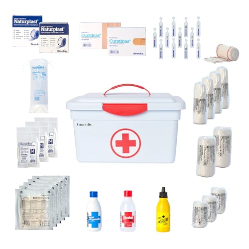 FERRETELIX® Botiquin caja primeros auxilios con tapa 8 litros medidas: 35cmx23cmx19cm equipado con varios artículos para realizar las primeras curas en caso de emergencia G