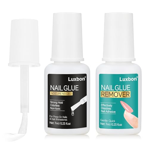 Luxbon Colle et Dissolvant pour Ongles 2 x 7ml – Formule Médicale pour Ongles Press-On et Faux Ongles – Sans UV, Inodore, Non Toxique, Tenue Forte