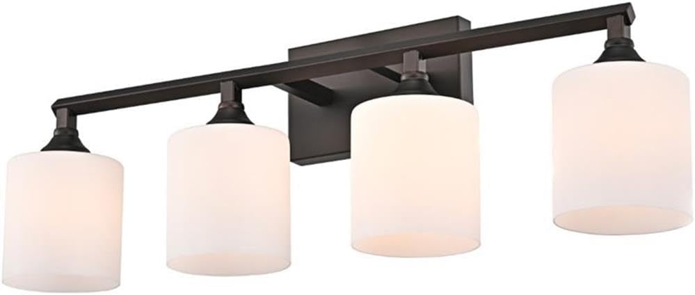 Pemberly Row Contemporary 4-Light Bathroom Vanity Fixture, 29" Wide, Oil Rubbed Bronze Finish, Steel and Glass, Etched White Shades, Damp Rated, Up/Downlight Design for Bathroom or Restroom Lighting