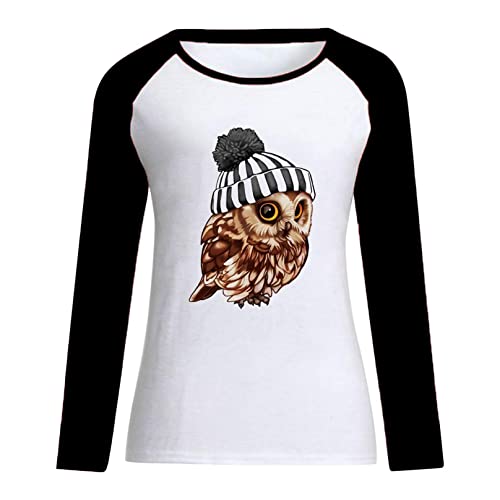 Jegulv Kawaii Animal Owl Print Sweatshirts For Womens Long Sleeve Color Block Sweaters Comfort Soft Tops Cute Shirts Black #TOP2