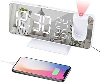 EVILTO Projection Alarm Clock With Dual Alarm7.3'' Large Mirror Radio Digital Clock 180°Projector on Ceiling 4 Dimmer Adjustable Volume Electronic Clock for Bedroom -White