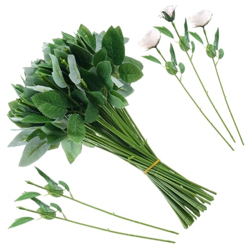 CDOKY 50 Pcs 13'' Rose Stems with Leaves, Fake Flower Stems, Faux Green Leaves Stems, Floral Arrangement Supplies, DIY Artificial Flowers Tools for Bouquet Wedding Party