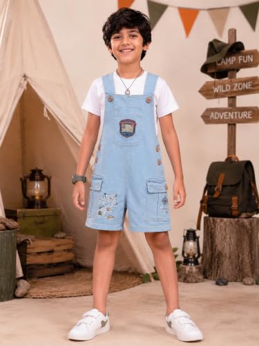 Image of KiddoPanti Unisex Denim Cargo Dungaree Shorts | 69.1% Cotton 29% Spun Poly 1.9% Spandex | Above Knee Length | Soft Breathable Summer Dungaree