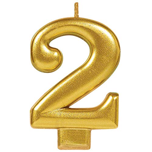 amscan Birthday Celebration, Numeral #2 Metallic Candle, Party Supplies, Gold, 3 1/4\"