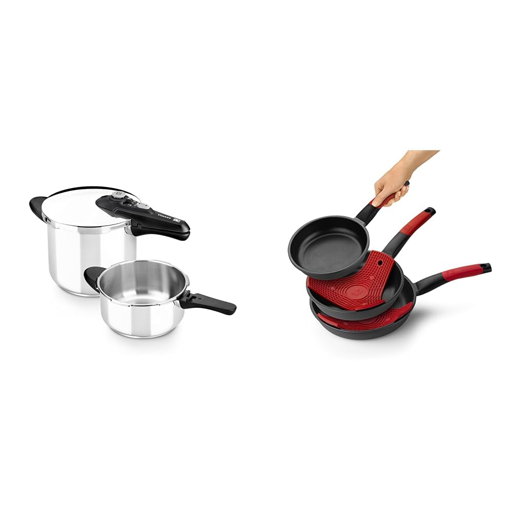 BRA Vitesse - Set Duo de Ollas Express de 4 y 7 Litros, Fabricadas en Acero Inoxidable 18/10 & Premiere- Set de 3 sartenes, aluminio fundido antiadherente, aptas para todo tipo de cocinas