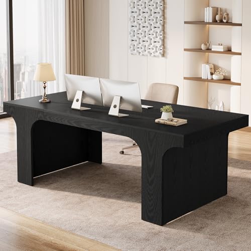 Image of Tribesigns 70.87 inch Executive Office Desk, Large Workspace Computer Desk, Modern Wooden Writing Table Simple Business Furniture with Arched Design for Home Office, Sturdy Room, Black