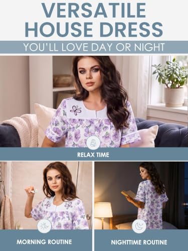 Image of Casual Nights Women's Snap - Front House Dress Short Sleeve Woven Housecoat Duster Lounger Robe with Pockets