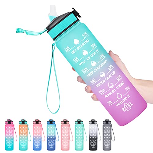 Image of Hyeta 32 Oz Water Bottle with Times to Drink and Straw, Motivational Time Marker Sports Bottle, Leakproof & BPA Free, 1 Liter Reusable for Fitness, Gym & Outdoor Activities, Green-Purple
