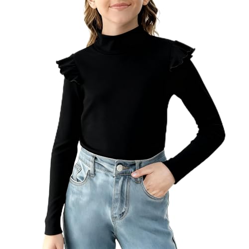 Image of Girls Ruffle Long Sleeve Mock Neck Tops Basic T Shirt Kids Fall Winter Tops Active Layer Shirts