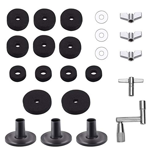 23 Pieces Cymbal Replacement Accessories Cymbal Felts Hi-Hat Clutch Felt Hi Hat Cup Felt Cymbal Sleeves with Base Wing Nuts Cymbal Washer and Drum Keys for Drum Set (Black)