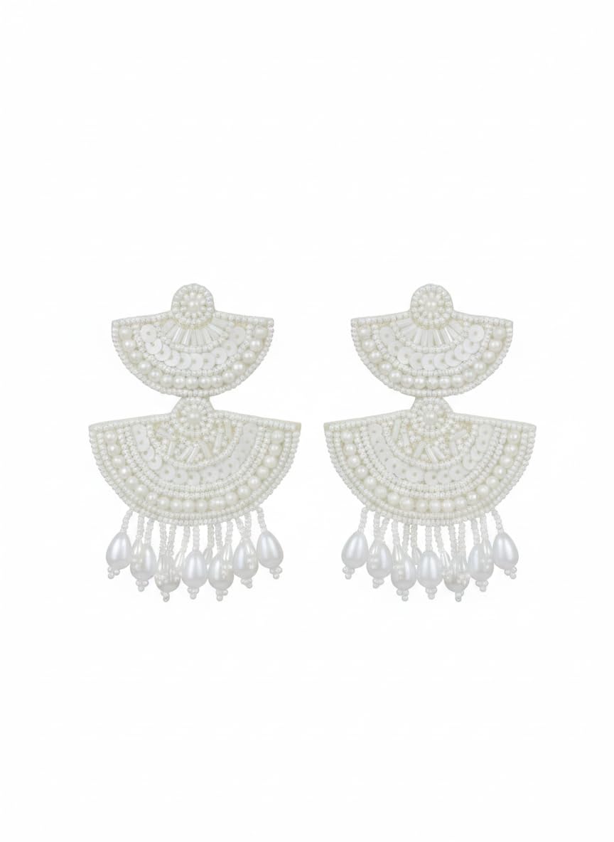 Handmade White Pearl Beaded Statement Drop Earrings for Women – Elegant Boho Bridal Fan Shape Dangle Earrings with Pearl Tassels, Ethnic Wedding Party Jewelry, Lightweight Designer Fashion Earrings-image-8