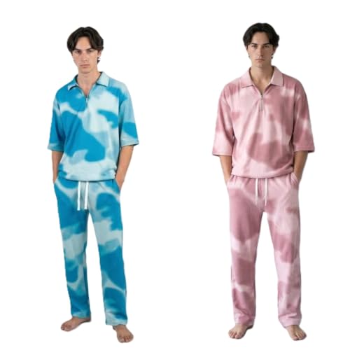 Image of Men's Tie-Dye 2-Piece Set, Short Sleeve Zip Polo Top and Drawstring Trousers, Blue and Pink, Casual Style