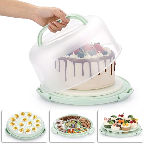 BSTKEY Portable Cake Carrier with Lid and Handle, Devil Egg Container + Cupcake Storage Tray for Transport, 10 Round Cake Container Holder with Two Sided Base for Pies Cookies Nuts Fruit, Green