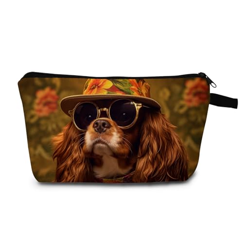 MoCaliduccious Cavalier King Charles Spaniel Makeup Bag Adorable Dog with Straw Hat & Sunglasses Cute Cosmetic Pouch for Dog Lovers Travel Toiletry Organizer Gift for Pet Enthusiasts