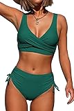 ASKSA Damen Bikini Set Crossover Back Badeanzüge Bademode Kordelzug Side Strandmode Badeanzug (Grün,XL)