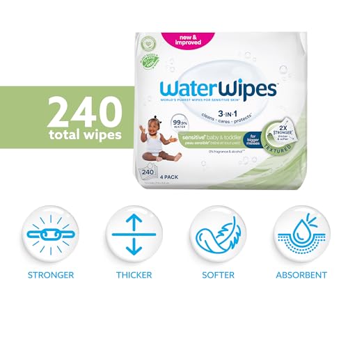 WaterWipes Sensitive+ Baby & Toddler Wipes, 3-In-1 Cleans, Cares, Protects, 99.9% Water, Textured Clean, Unscented & Hypoallergenic, 240 Count (4 Packs) - Image 3