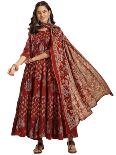 Image of ANNI Designer Viscose Blend Kurta for Women | Kurti Set Woman | Anarkali Kurta with Pant & Dupatta | Black Floral Hand Block Printed Suit | Ethnic Indian Outfit Party Office Traditional Fashion Wear