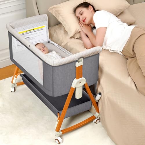 Image of Kiniew 3 in 1 Bassinet Bedside Sleeper, Bedside Crib with Wheels, Mosquito Net, Mattress, 6 Height Adjustable Baby Bed for Infant Newborn (Grey)