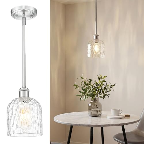 Image of zeyu Industrial Pendant Light,1-Light Hanging Light Fixture Kitchen, Brushed Nickel Hanging Light with Clear Hammered Glass, ZJF63MIL-L BN