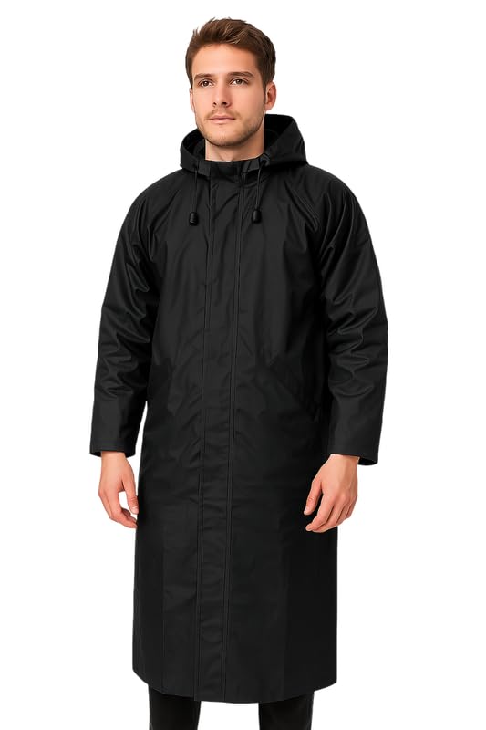 Men’s Long Hooded Waterproof Raincoat – Full-Length Overcoat (Black,Multisize)