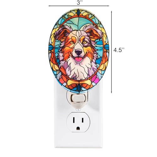 Image of Stained Glass Styled Sheltie Night Light - Real Glass Plug-in Dog Night Light, Pet Memorial or Bedroom Decorative Accent for Home Decor