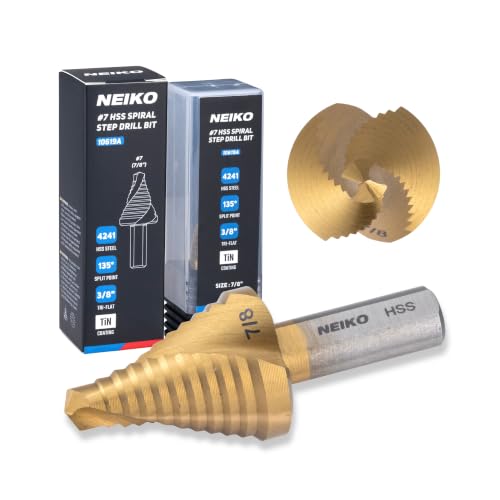 Image of NEIKO 10619A Step Drill Bit, 1 Step 7 /8 inch Spiral High Speed Steel, Titanium Nitride Coated, 3 /8 inch Tri-Flat Step Bits for Steel, Metal, Wood, Plastic, Unibit Cone Drill Bits, Two Flute