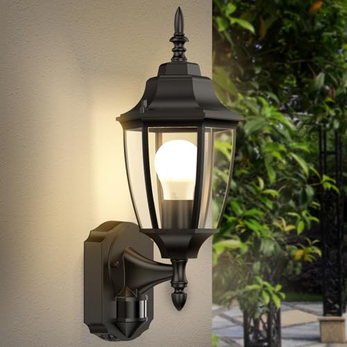 Lamomo Outdoor Wall Lights Outside Motion Sensor Lights Mains Powered Waterproof Aluminium PIR Security Light Outdoor Traditional Lamp for Porch E27 Bulb Base