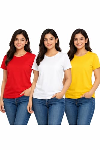 Image of Hangout Hub HH95 Tshirt for Womens | Regular Fit | Super Combed Cotton Women T-Shirt | Solid Plain Tees | Round Neck T Shirt | Half | Pack of 2 | 3 | 4 | 5 | 6