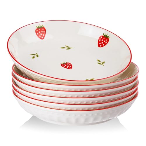 CHILDIKE 8 Inch Porcelain Pasta Bowls Set of 6, 20 OZ Cute Strawberry Plates, Dessert Plates for Fruit and Appetizer, Perfect for Women Gift, Family Party
