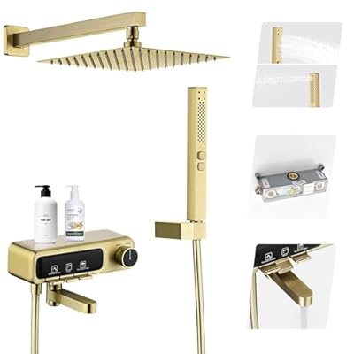 10" Square Rainfall Bathtub and Shower Trim Systems with Rotating Handheld Sprayer, Foldable Tub Spout, Wall-Mounted, Solid Brass Valve with Shampoo Platform- Brushed Gold (Square, Brushed Gold)
