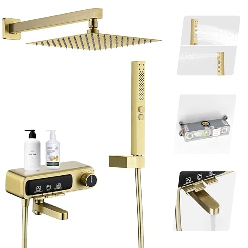 Sistema de ducha y bañera con recubrimiento cuadrado 10" con rociador manual giratorio, pico plegable y válvula de latón macizo con plataforma para shampoo - Dorado cepillado miniatura 1