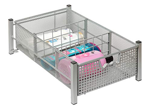 Amtido Mesh Cabinet Basket Organisers - Metal Storage Drawer - Sliding Rack with Dividers for Spice, Shower, Pantry Supplies - Kitchen, Bathroom, Undersink, Garage Shelving - Silver - Medium