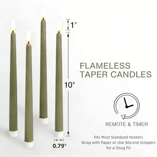 Image of Olive Green Flameless Taper Candles with Remote Timer Set of 4