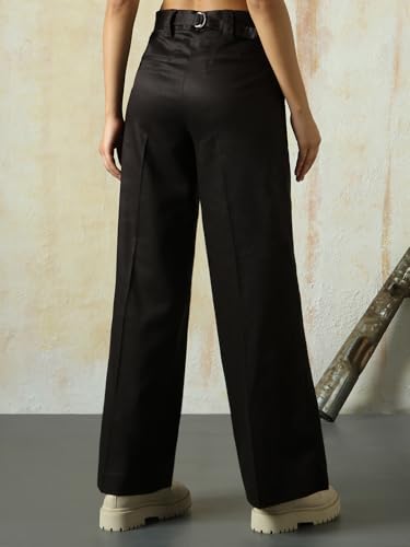 Image of High Star Women High Rise Solid Regular Length Wide Leg Casual Trousers