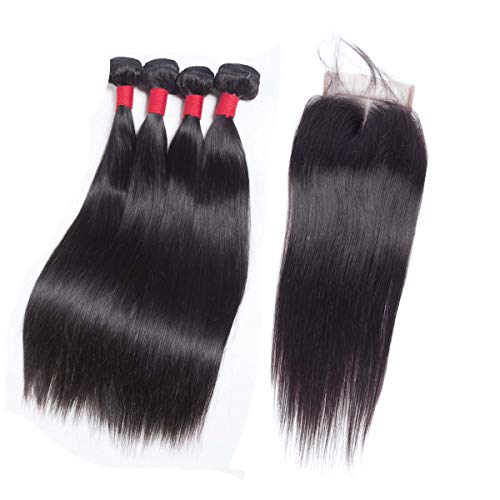 Voguetrend Hair Brazilian Straight Hair With Closure 20 20 22 24 inch 4 Bundles Virgin Human Hair Straight Bundles With Closure 18 inch Natural Color Soft