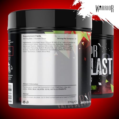 Warrior Amino Blast BCAA-Pulver 270 g (Erdbeer-Kiwi) – Aminosäuren-Supplement mit Koffein, Taurin, Glutamin– zucker- & kohlenhydratfrei – Pre- & Intra-Workout Drink für Muskelaturaufbau & Energie