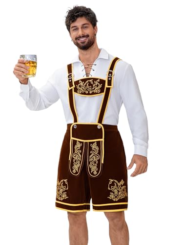 Aibaowedding Traditionelle Lederhose mit Goldstickerei, Weiße Bluse mit Schnürung, Trachten Set für Oktoberfest, Braun (Braun, M)