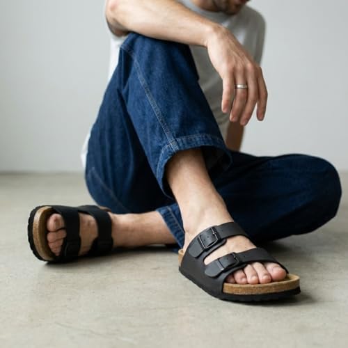 CUSHIONAIRE Lane Cork Footbed Mens Sandals, Adjustable Buckle Comfort Slides for Men, Genuine Leather Insole Summer Sandals Men Footwear