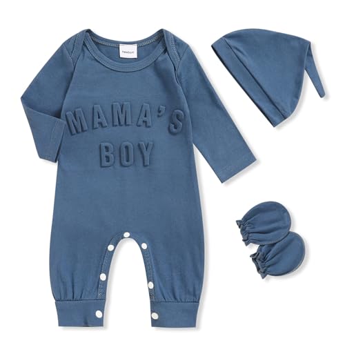 Image of GRNSHTS Newborn Baby Boy Romper Coming Home Outfits Letter Print Bodysuit Jumpsuit+Hat+Gloves 3PCS Clothes Set
