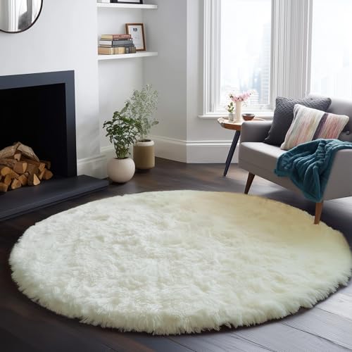 PAGISOFE Cream White Round Area Rugs, Circle Rugs 6Ft, Small Fluffy Shaggy Carpets, Rugs for Girls Boys Baby Kids Bedroom, Furry Comfy Teepee Mats, Circular Rug for Reading Nook Nursery Room