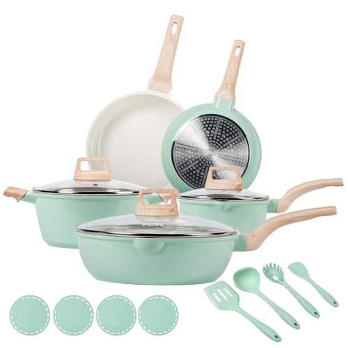 FDN 16Pcs Titanium Pots and Pans Set,Toxic-Free Cookware Set, Dishwasher & Oven Safe, Induction Compatible with Bakelite Wood Grain Handle, Compact and Durable