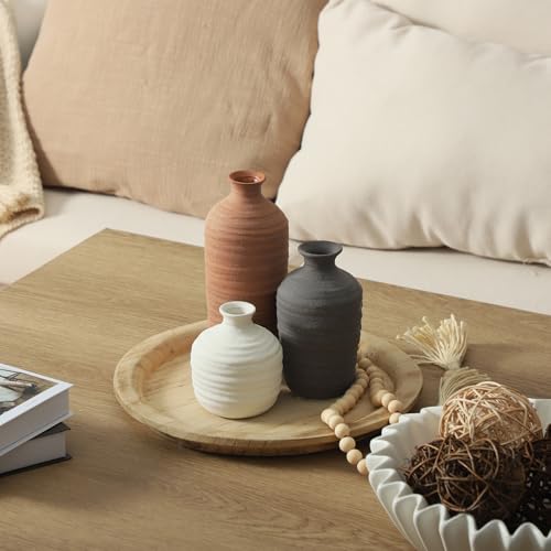 Dobbyby Ceramic Vase Set of 3 Neutral Decorative Vase for Farmhouse, Boho, or Rustic Home Decor Pottery Vases for Pampas Grass Living Room Bedroom Table Mantel Entryway Shelf (01-Brown) — view 4