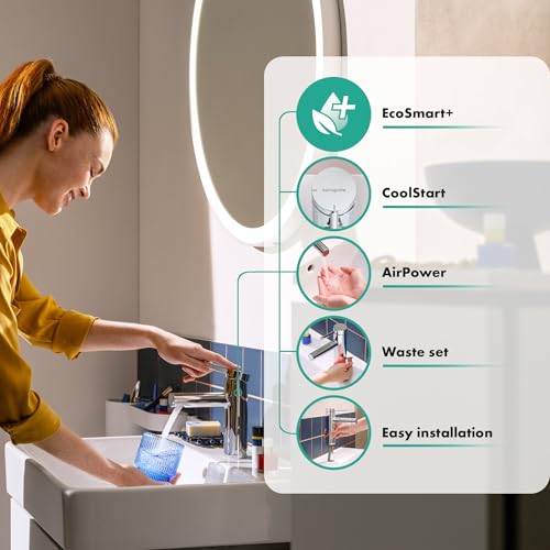 hansgrohe Zesis S - Waschtischarmatur mit Zugstangen-Ablauf, energiesparend (CoolStart), Wasserhahn Bad mit Auslaufhöhe 104 mm, Mischbatterie Waschbecken wassersparend (EcoSmart+), Chrom, 74720000