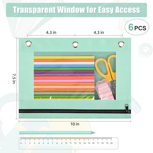 Image of Lanpn Pencil Pouch for 3 Ring Binder 6 Pack, Pastel Binder Pen Bags with Zipper, 3 Holes Pencil Holder Stationary Organizer for Boy Girl Kids School Student, Reinforced Grommets & Clear Window, Green